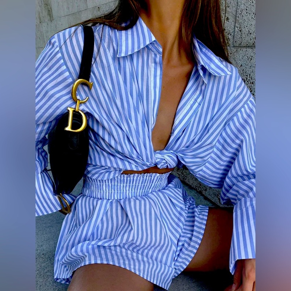 Blue/white pinstriped two piece set outfit, size small, silky, button up